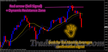 Lucky Reversal Indicator - Sell Example - Red arrow and Dynamic Resistance Zone